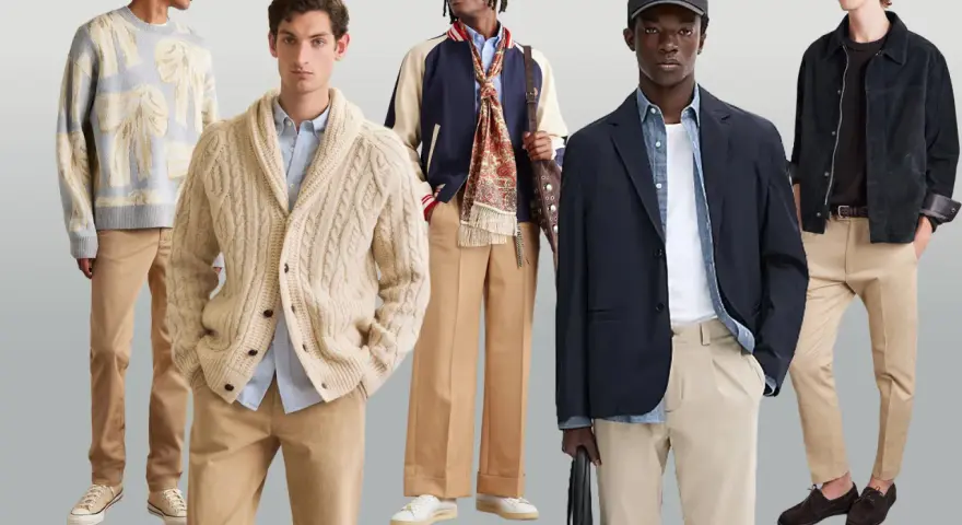Cinco hombres con estilos urbanos y modernos. Todos lucen un outfit con pantalón beige, combinando chaquetas, cárdigans y camisas.