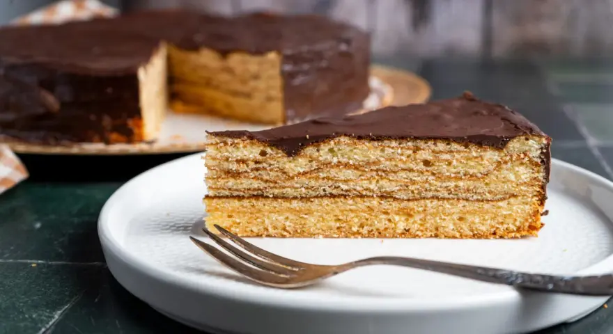 Ein Stück Schokoladen-Baumkuchen mit vielen Schichten liegt auf einem Teller. Das Baumkuchen Rezept ist ein Klassiker.