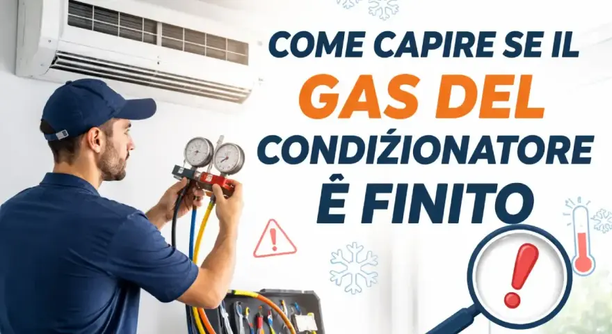 Tecnico controlla manometro per capire se manca gas condizionatore. Segnali di allarme e termometro indicano problemi.