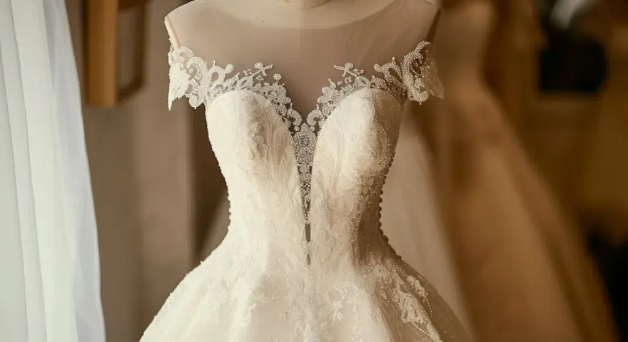 Magnifique robe de mariée, la couleur est un blanc éclatant, ornée de perles et de dentelle fine.