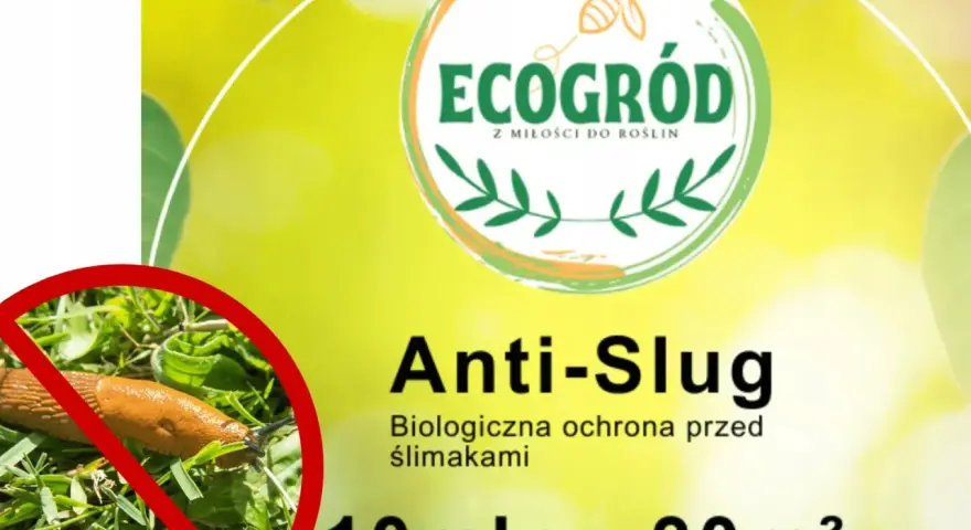 Ślimak na trawie z przekreśleniem. Produkt "Anti-Slug" z logo "EcoGród" to biologiczna ochrona przed ślimakami.