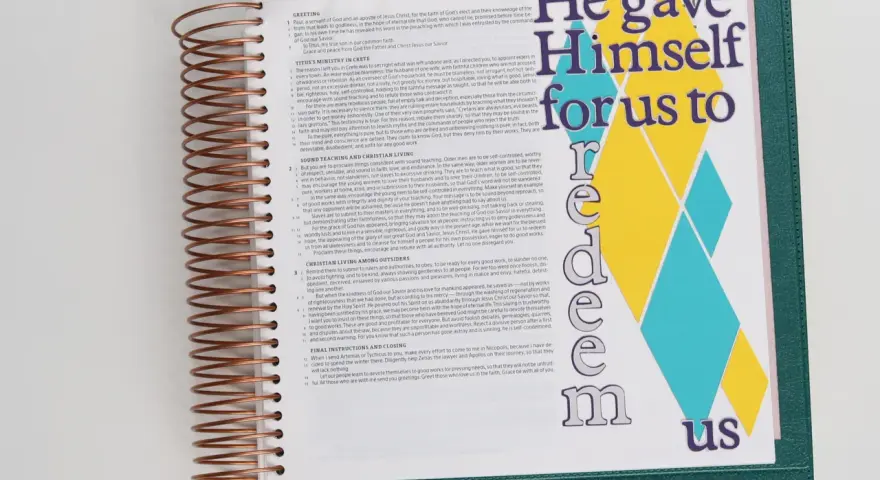 Open Bible with "He gave Himself for us to redeem us" text. Great for bible journaling ideas.