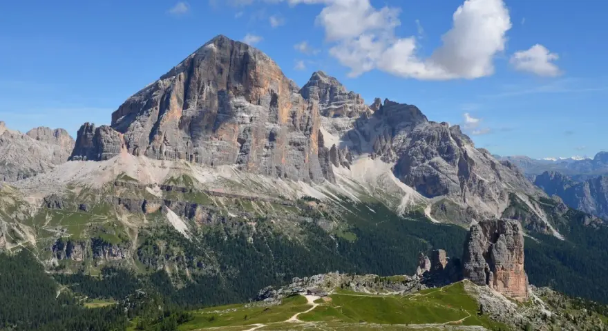 Sentiero panoramico per escursioni a Cortina, tra vette imponenti e boschi verdi.