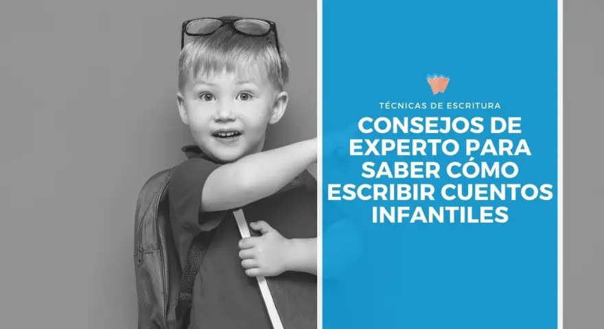 Niño con mochila y gafas, listo para aprender cómo escribir un cuento infantil.