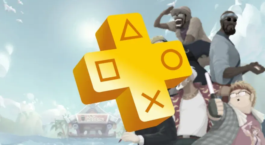 Gry PS Plus kwiecień: żółty symbol PlayStation Plus na tle postaci i tropikalnej wyspy.