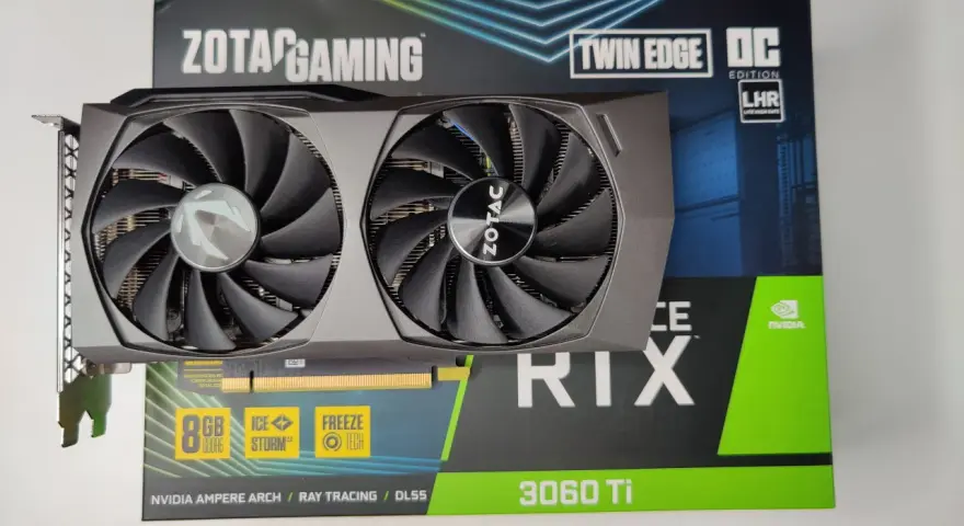 Karta graficzna ZOTAC GAMING GeForce RTX 3060 Ti Twin Edge OC z dwoma wentylatorami, dedykowana do gier.