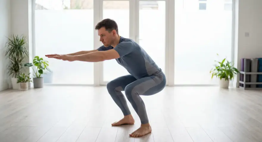Un homme en tenue de sport exécute un squat dans une pièce lumineuse.