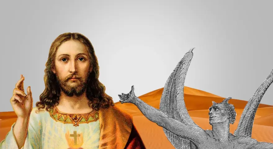 Jesus im Dialog mit dem Teufel in der Wüste. Die Frage "wann ist christliches Fasten" wird hier visuell thematisiert.