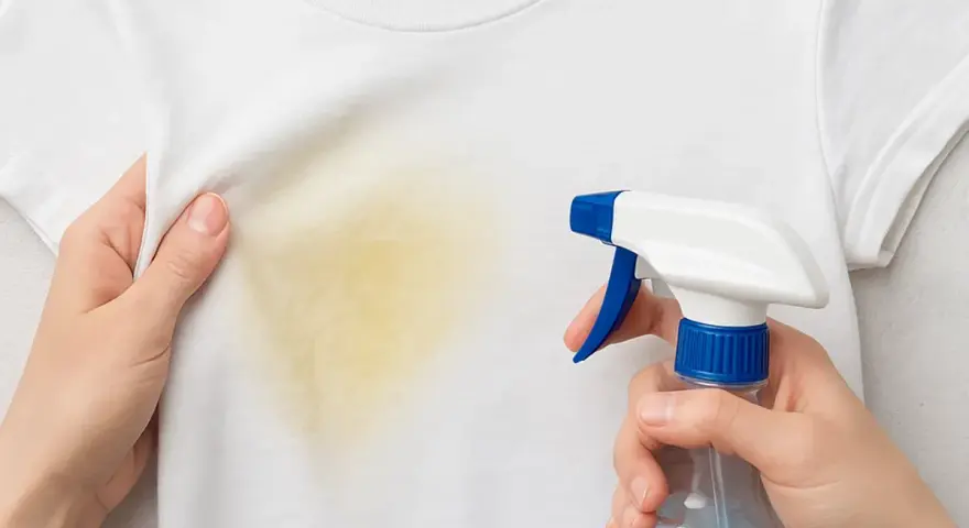 Manos aplican spray a camiseta blanca con mancha amarilla. Aprende como quitar manchas amarillas de ropa blanca fácilmente.