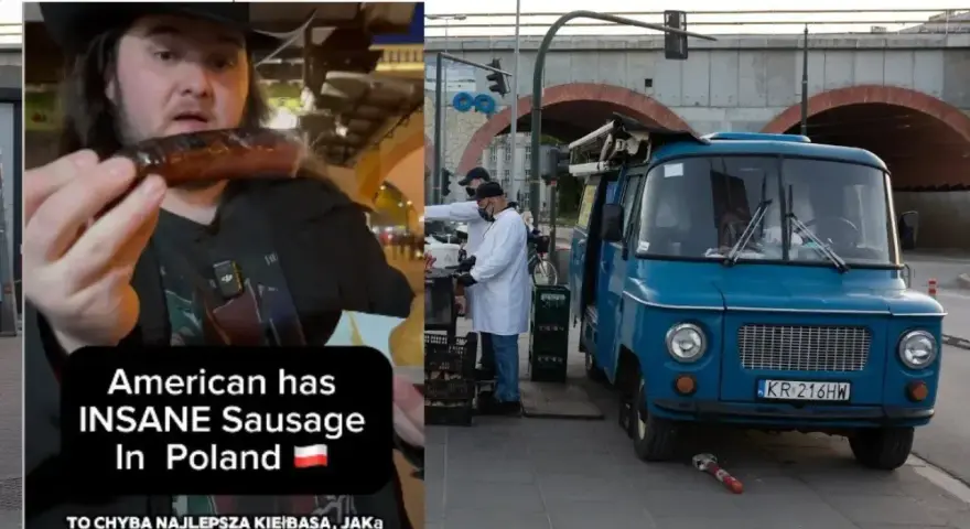 Amerykanin zachwycony kiełbaskami z Nyski, które uważa za najlepsze, jakie jadł. Obok niebieski food truck.
