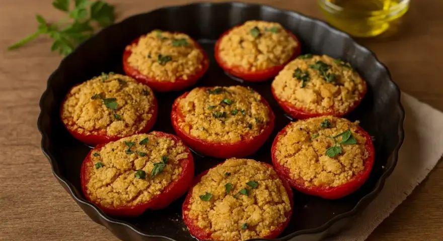 Pomodori al forno alla pugliese, ripieni e dorati, guarniti con prezzemolo fresco. Un sapore autentico.