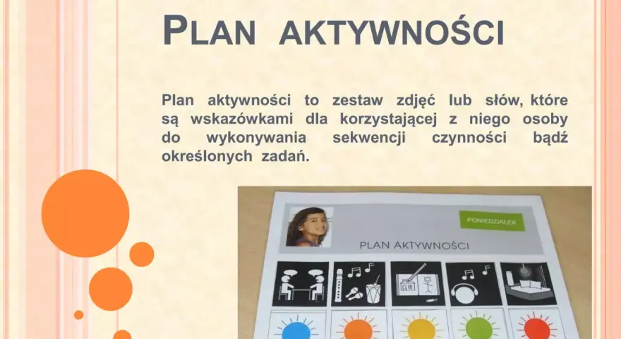 Indywidualny plan pracy z dzieckiem z autyzmem: wizualny harmonogram z ikonami i zdjęciem dziecka.