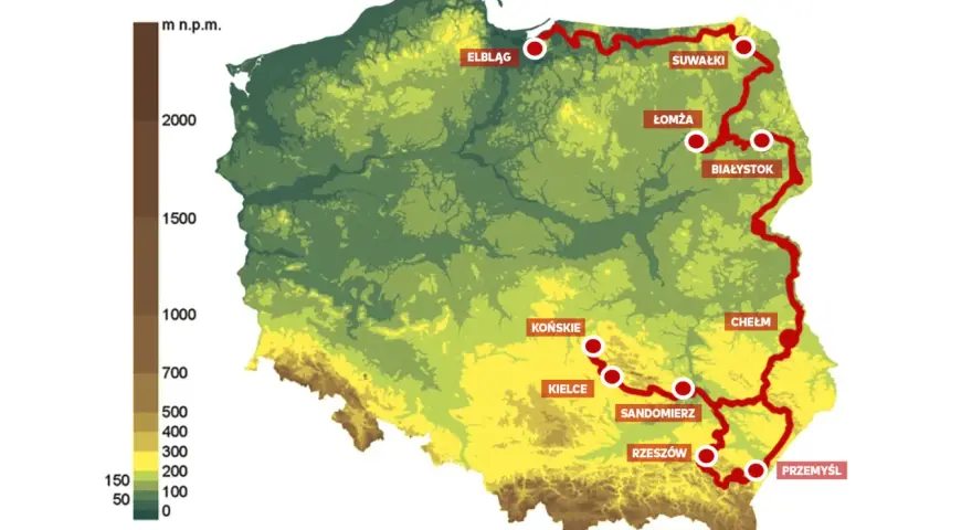 Mapa Polski z zaznaczoną trasą rowerową od Elbląga po Przemyśl. To najdłuższa ścieżka rowerowa w Polsce, łącząca malownicze miasta i krajobrazy.