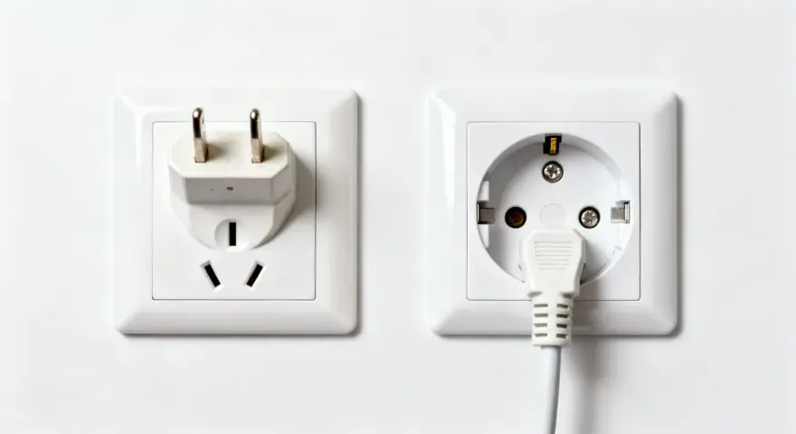 Två vita eluttag på en vit vägg. Ett med en adapter för amerikanska kontakter, det andra med en vit kabel instucken. Svenska eluttag är standard.