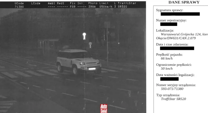 Zdjęcie z fotoradaru pokazuje białe auto jadące 66 km/h przy ograniczeniu do 50 km/h. Mandat z fotoradaru przyjdzie szybko.