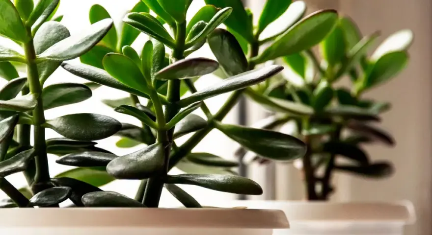 Planta de jade interior o exterior con hojas verdes y carnosas, en macetas blancas, con luz suave de fondo.