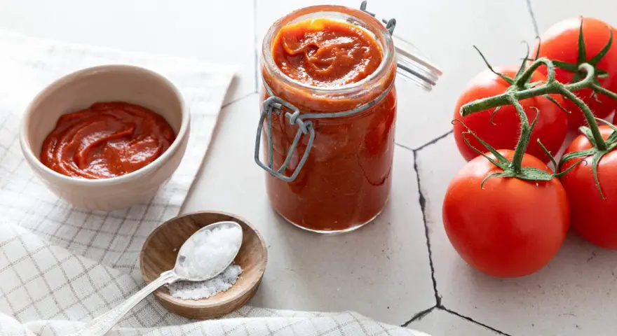 Un pot de coulis de tomates maison, des tomates fraîches et une cuillère de sel, prêts pour une recette savoureuse.