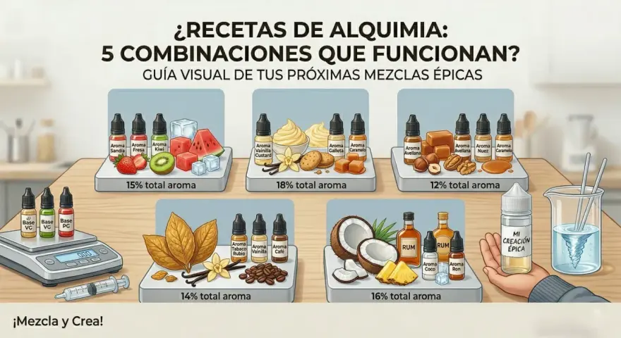 Guía visual de alquimia para vapers: 5 combinaciones de aromas para crear tus mezclas épicas. Incluye frutas, postres, tabaco, frutos secos y tropicales.