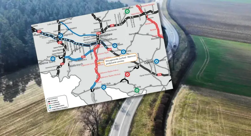 Mapa drogowa z zaznaczonymi trasami S8 Łagiewniki Zachód - Niemcza. Widoczne miasta: Wrocław, Opole, Wałbrzych, Legnica, Jelenia Góra. 908 rozkład jazdy.