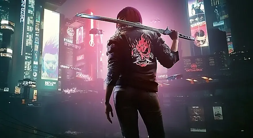 Una guerrera con una katana y una chaqueta con un demonio rojo, lista para la acción en una ciudad cyberpunk llena de luces de neón y carteles publicitarios.