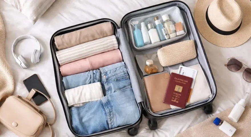 Starannie spakowany bagaż: ubrania, kosmetyki, paszport i bilet. Gotowy na podróż!