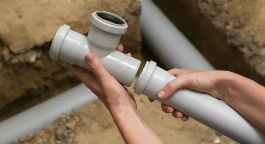 Ręce łączą elementy instalacji wodnej w domu. Montaż rur kanalizacyjnych w wykopie.
