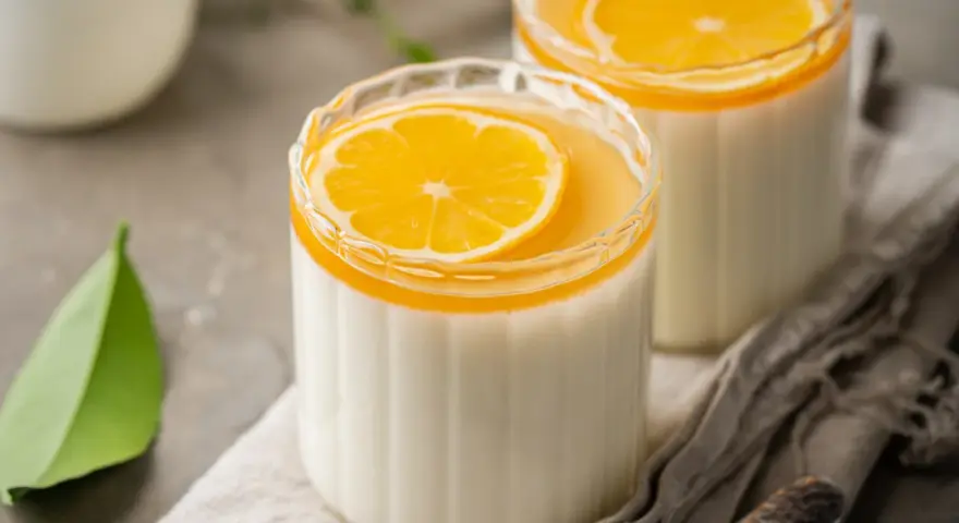 Panna Cotta przepis: dwa kremowe desery w szklankach, ozdobione plasterkiem pomarańczy i galaretką. Idealne na letnie popołudnie.