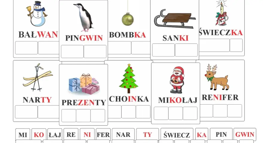 Ilustracje świąteczne: bałwan, pingwin, bombka, sanki, świeczka, narty, prezenty, choinka, Mikołaj, renifer.