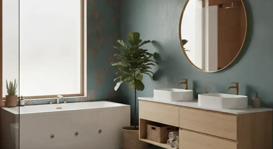 Salle de bain moderne avec baignoire, double vasque en bois clair et mur aux tons bleu-vert. La couleur salle de bain est apaisante.