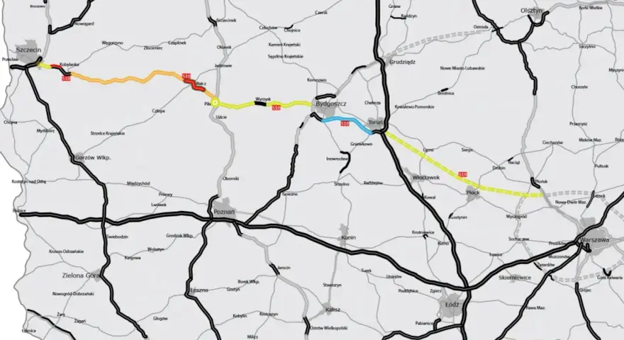 Trasa S10 pokazuje, ile jest kilometrów ze Szczecina do Warszawy, prowadząc przez Piłę, Bydgoszcz, Toruń i Płock.