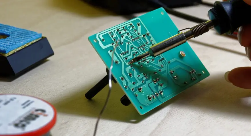 Saldatura di componenti elettronici su una scheda verde con stagno. Si può saldare con lo stagno per creare connessioni elettriche.