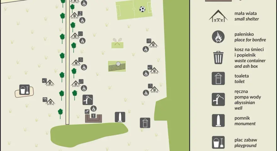 Mapa Kampinoskiego Parku Narodowego z zaznaczonymi wiatami, paleniskami, toaletami, placem zabaw i innymi udogodnieniami.