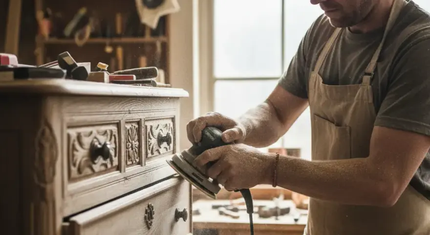 Artisan ponce un meuble ancien, le laissant brut pour révéler sa beauté naturelle. La poussière de bois vole autour de lui.