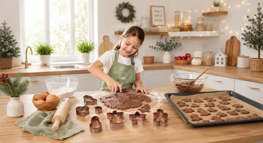 Fröhliches Backen mit Kindern: Ein Mädchen schneidet mit Ausstechern Weihnachtsplätzchen aus Teig. Auf dem Blech warten schon viele fertige Kekse.