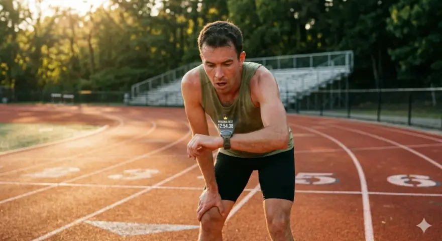 Un coureur essoufflé sur une piste d'athlétisme, vérifiant sa montre après une séance VMA intense. Le soleil couchant illumine la scène.