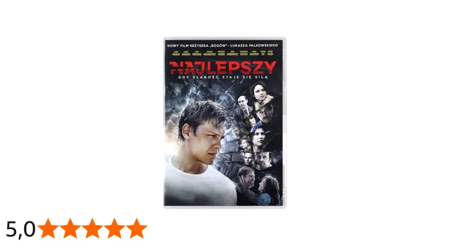 Film "Najlepszy" o piosenkarzu, który pokonuje słabości. Na okładce młody mężczyzna i twarze innych bohaterów.