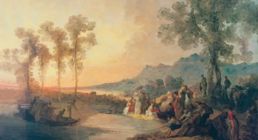 Norblin malarz uchwycił scenę nad rzeką: łódź z rybakami, tłum ludzi na brzegu i górzysty krajobraz w tle.