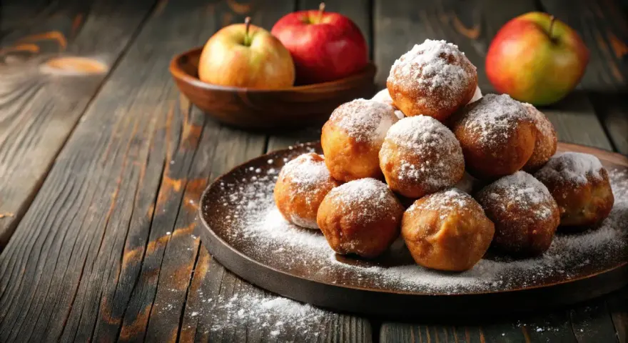 Montón de buñuelos de manzana espolvoreados con azúcar glas sobre un plato oscuro. Manzanas rojas y verdes en un cuenco de madera al fondo.