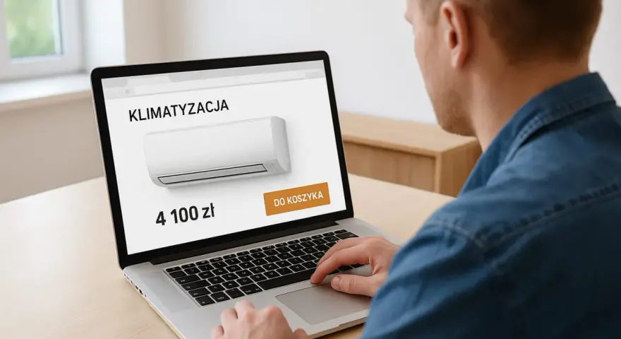 Sprawdzam, ile kosztuje montaż klimatyzacji. Na ekranie laptopa widzę cenę 4100 zł i przycisk "Do koszyka".