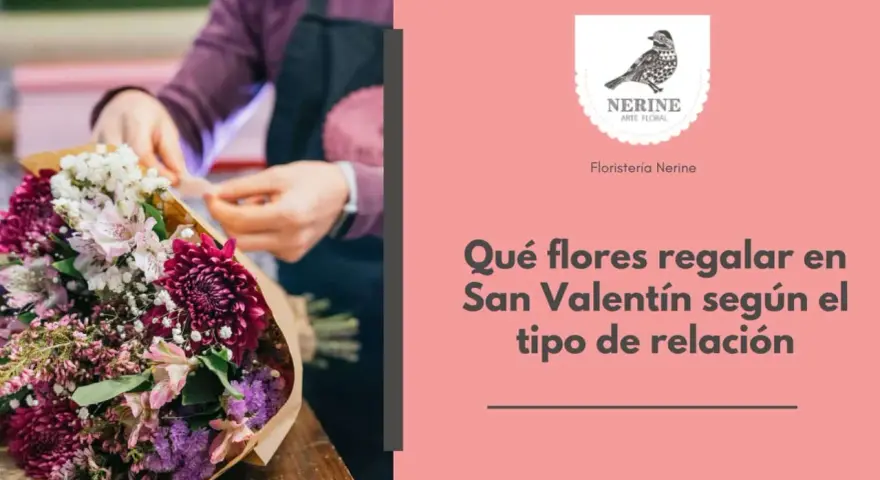 Manos arreglando un ramo de flores moradas y rosas. El texto dice: "Qué flores regalar en San Valentín según el tipo de relación".