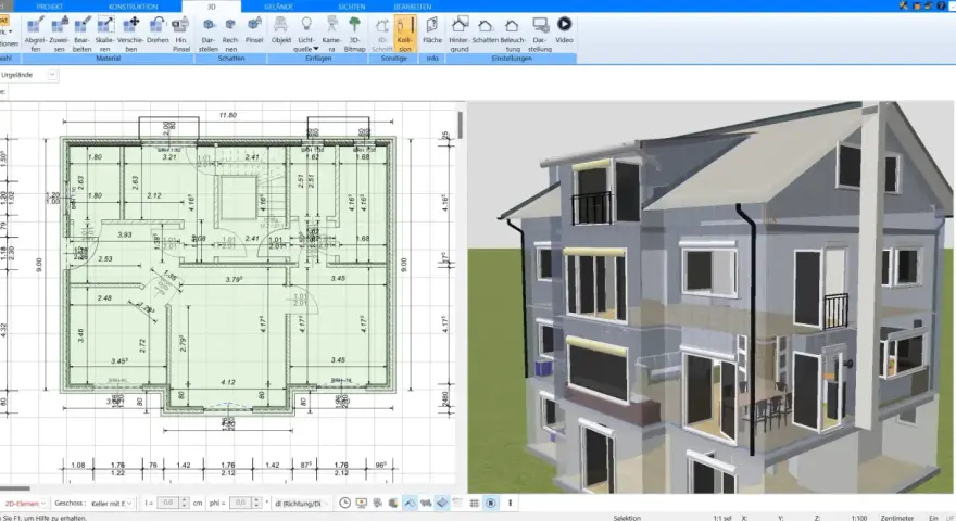 Grundriss eines Hauses mit Maßen und 3D-Ansicht. Die Software ermöglicht die Planung und Berechnung von innenputz kosten.