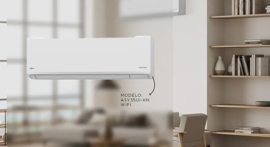 Un elegante aire acondicionado Fujitsu AIRSTAGE modelo ASY35UI-KN con WiFi, instalado en una sala de estar moderna.