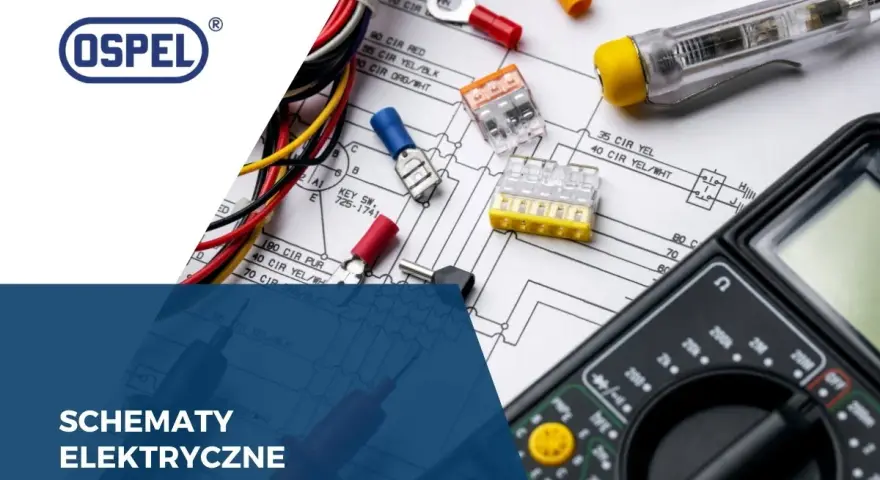 Schematy elektryczne z symbolem czujnika kontaktronowego, przewodami i multimetrem.