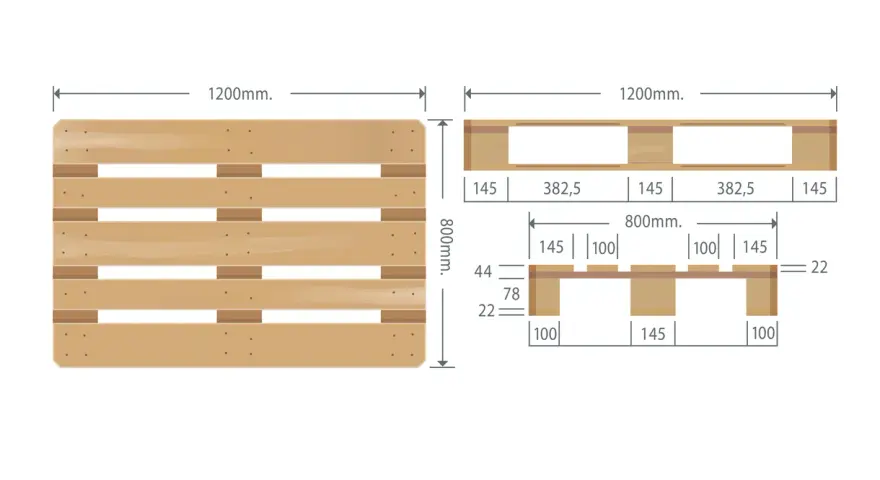 Schemat palety z podanymi wymiarami europalety w cm: 1200 mm x 800 mm.
