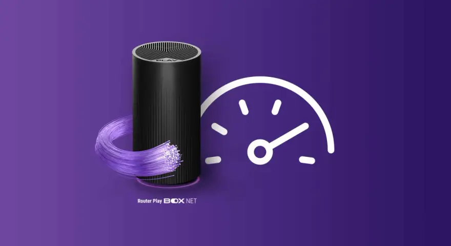 Router Play BOX NET z światłowodem i ikoną prędkościomierza. Dowiedz się, jak zwiększyć prędkość internetu.