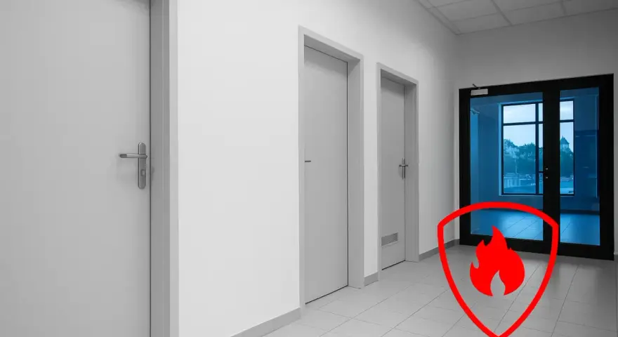 Korytarz z kilkoma drzwiami, w tym jedne przeszklone. Czerwona tarcza z płomieniem symbolizuje ognioodporność, ważne przy wyborze drzwi do kotłowni.