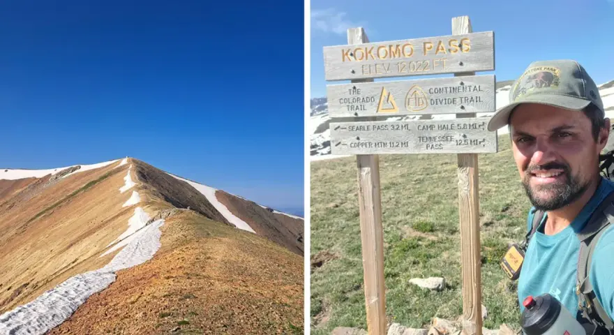 Mann am Kokomo Pass, 12.022 Fuß hoch, auf dem Colorado Trail und Continental Divide Trail. Bergkamm mit Schnee und blauem Himmel.