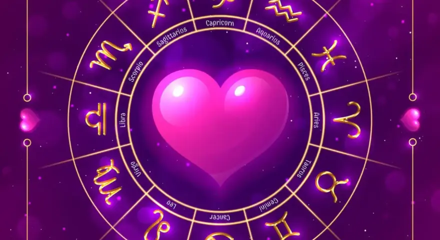 Znak zodiaku 12 listopada to Skorpion. Złote symbole zodiaku otaczają różowe serce na fioletowym tle.