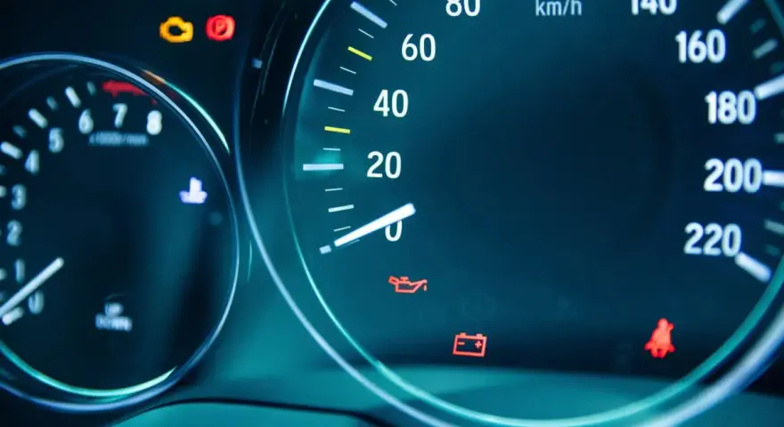 Armaturenbrett mit leuchtenden Warnlampen: Batterie, Öl, Airbag. Die Lichtmaschine defekt ohne Kontrollleuchte ist ein Problem.