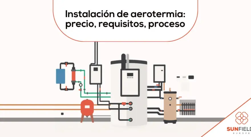 Esquema de instalación de aerotermia para vivienda unifamiliar, mostrando componentes clave y tuberías.